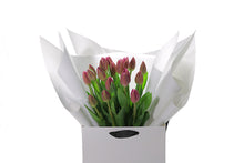 Close up image of the Lexi pink tulip bouquet. Full view of the tulip heads. Kate Hill flower bag sitting on a black bentwood chair, displaying fresh premium pink tulip bouquet. Bouquet of 20 stems of pink barcelona tulips in image. Gives honest view of the size of the bouquet in the Kate Hill Bag.
