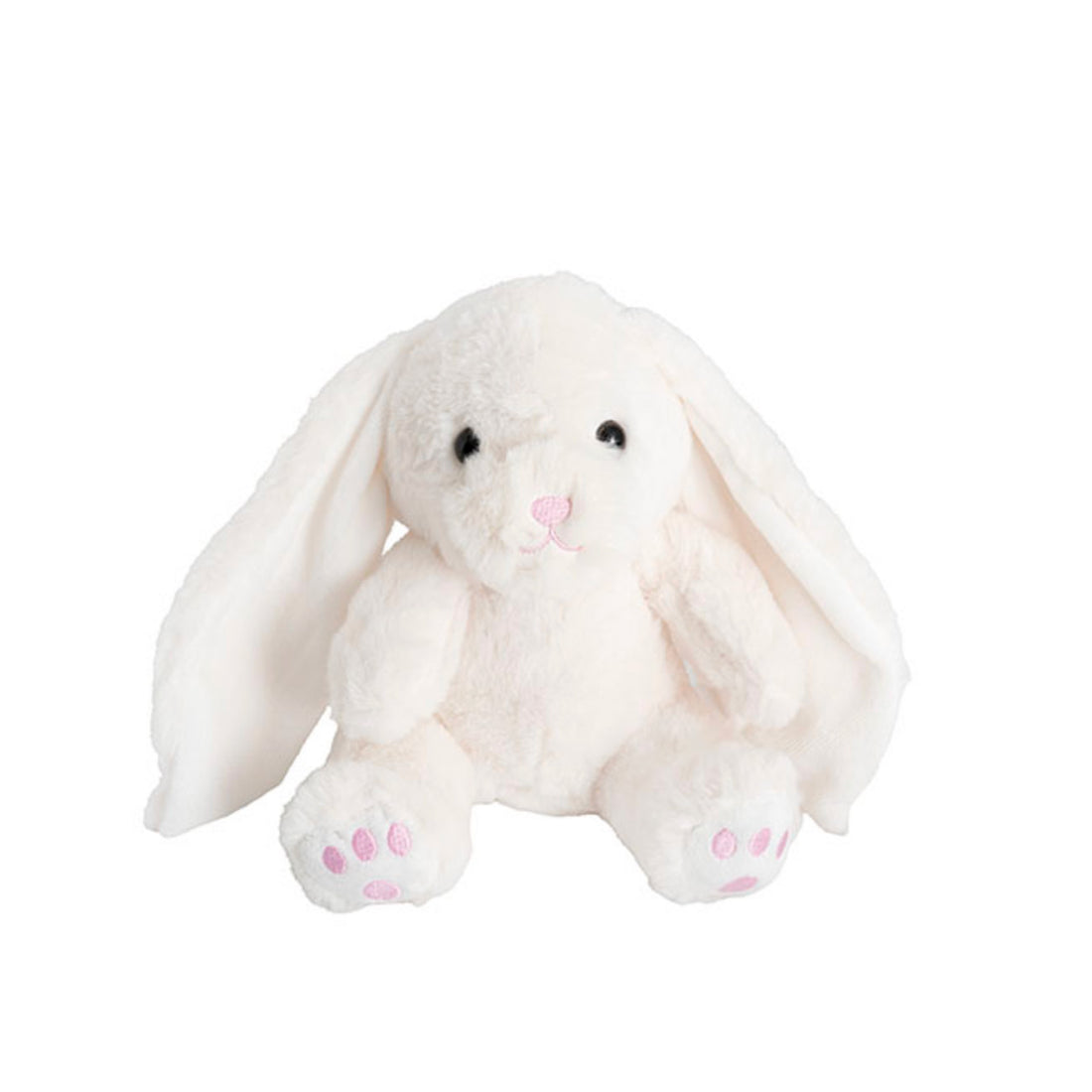 White plush bunny toy with pink accents on a white background
