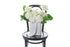 Kate Hill Flowers – medium white sympathy vase with roses, chrysanthemums, orchids and greenery in a wave-ceramic vessel.