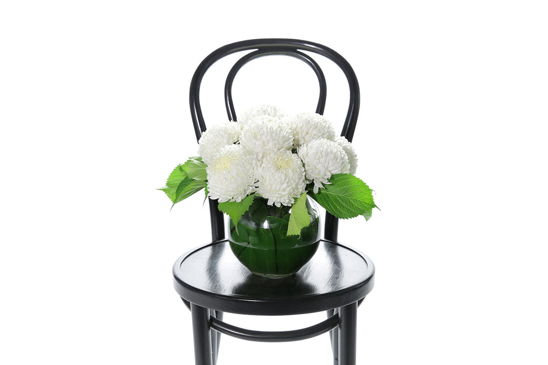 Kate Hill Flowers – white chrysanthemum sympathy ball-vase design with monstera leaf lining.
