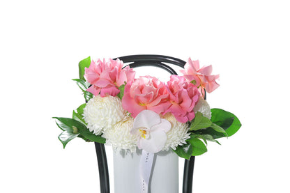 Kate Hill Flowers – medium white wave vase with white disbuds, blush roses and blush orchids.
