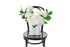 White ceramic wave vase displaying white and green seasonal flowers and foliages. Sia wave vase sitting on black bentwood chair with white background.