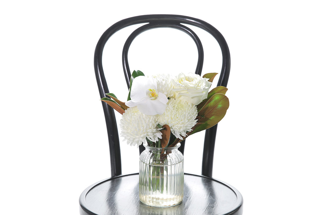 Kate Hill Flowers – small lemon and white sympathy jar with rose, chrysanthemum, orchid and foliage.