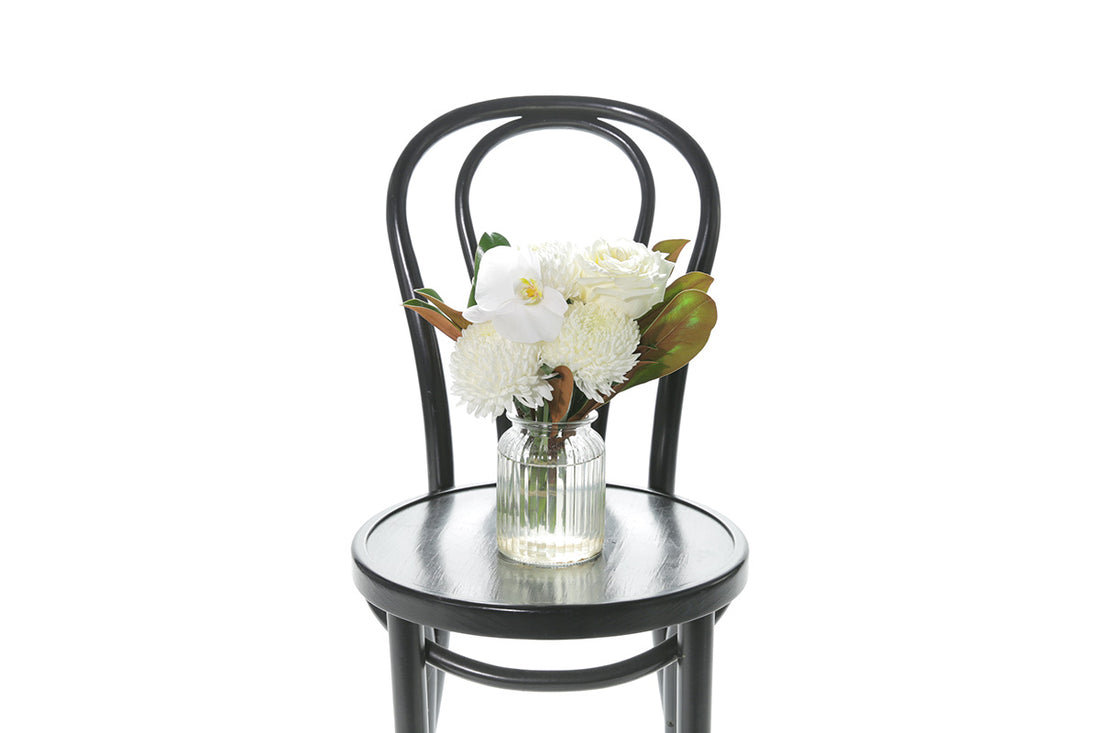 Kate Hill Flowers – small lemon and white sympathy jar with rose, chrysanthemum, orchid and foliage.