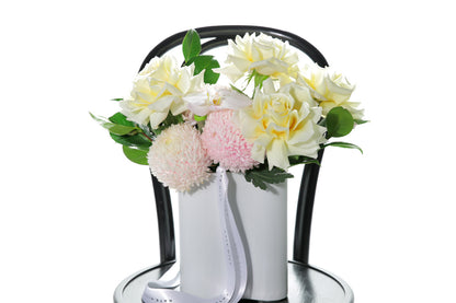 Kate Hill Flowers – pastel wave vase with pink chrysanthemums, lemon roses and blush orchids.