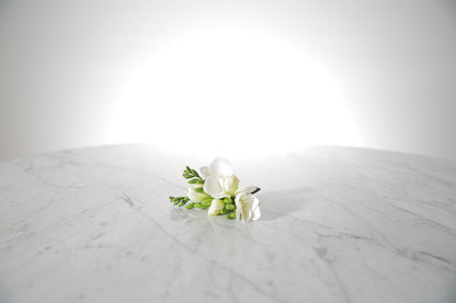 White buttonhole flowers on a marble surface with a light grey background