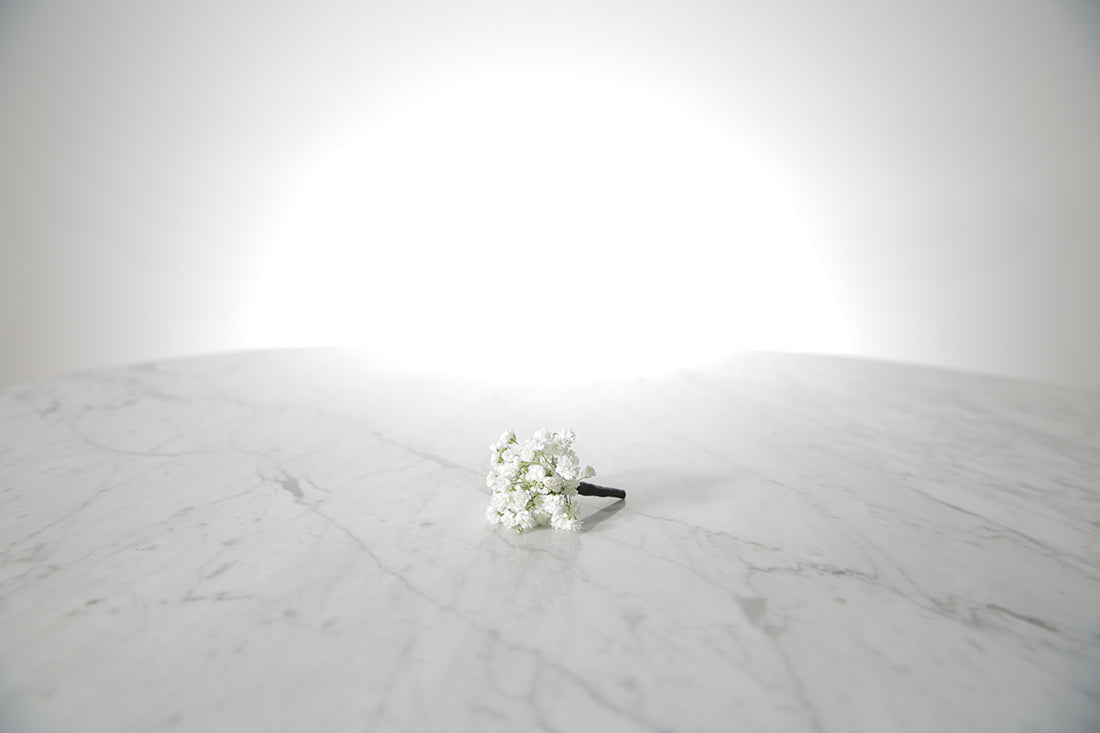 White flower boutonniere buttonhole flowers on a marble surface with a white background