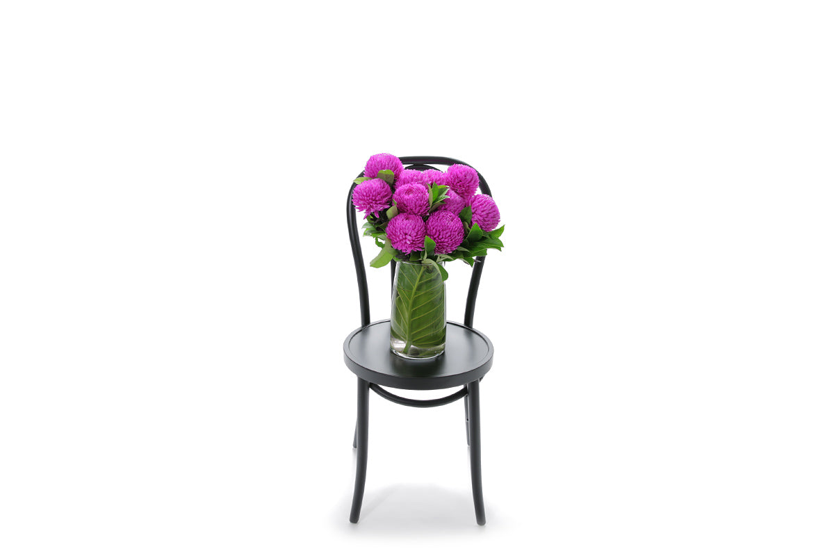 ARIA hot pink disbuds in a tapered glass vase lined with monsteria
