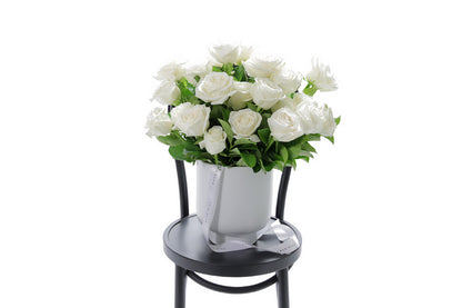 BLANCA white roses in a white footed ceramic design by Kate Hill Flowers Melbourne