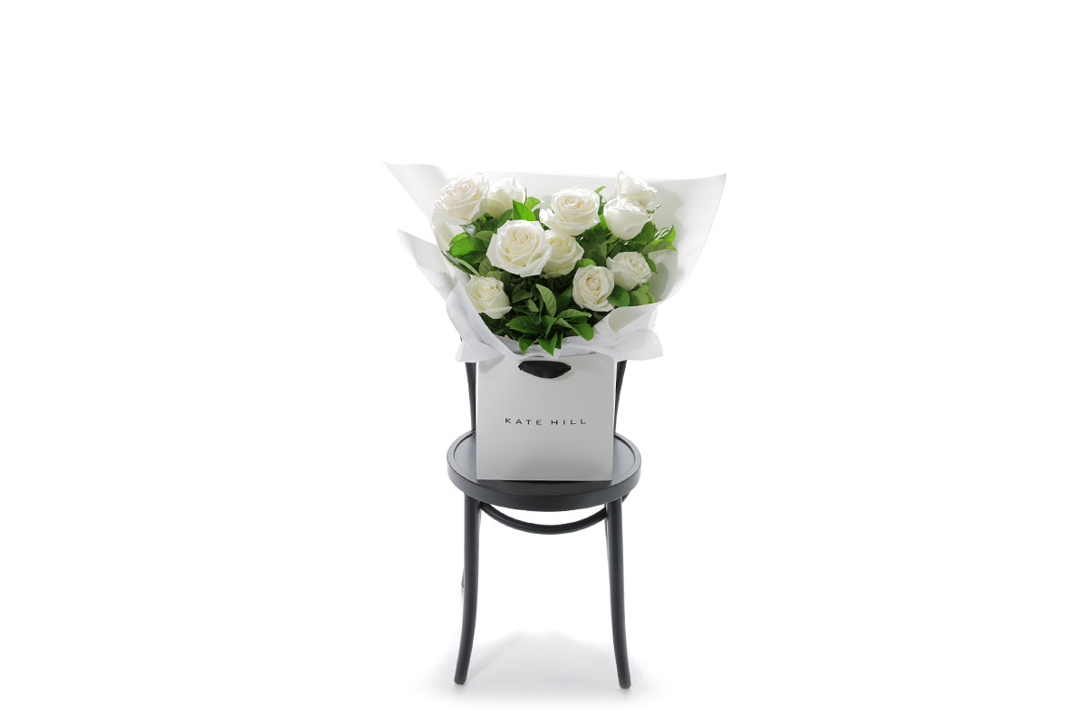BLANCA white rose bouquet in Kate Hill Flowers signature wrapping