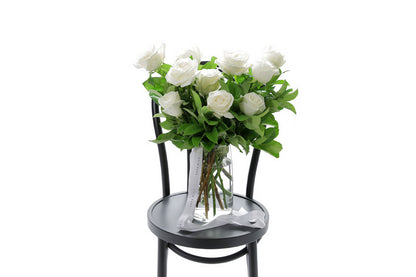 BLANCA large white roses in a tapered glass vase by Kate Hill Flowers Melbourne