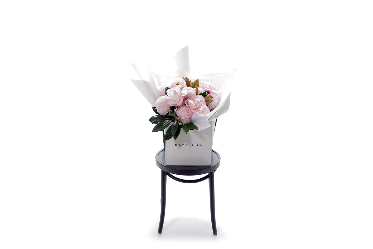 CHLOE blush bouquet in Kate Hill Flowers signature wrapping
