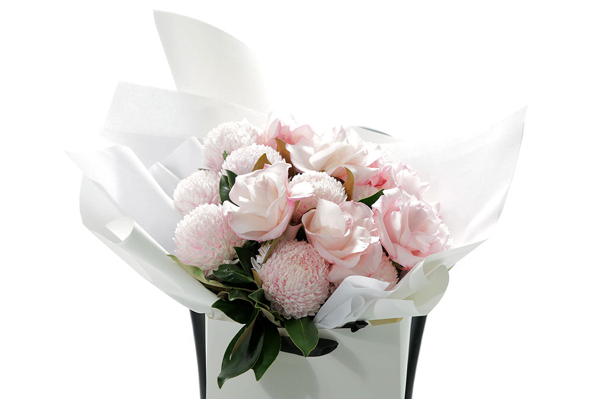 Close-up of CHLOE large bouquet with soft blush and pink seasonal blooms