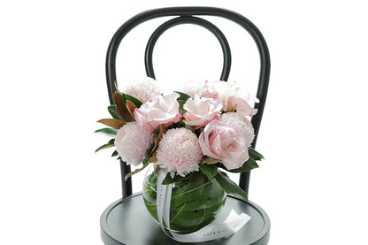 Close-up of CHLOE ball vase with blush disbuds and soft pink roses