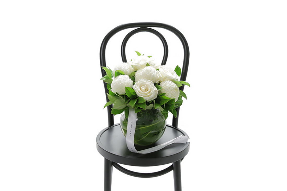 ELISE white ball vase arrangement of white blooms by Kate Hill Flowers Melbourne