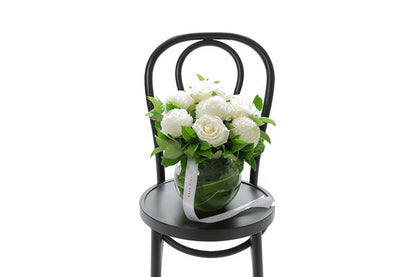 ELISE white ball vase arrangement of white blooms by Kate Hill Flowers Melbourne