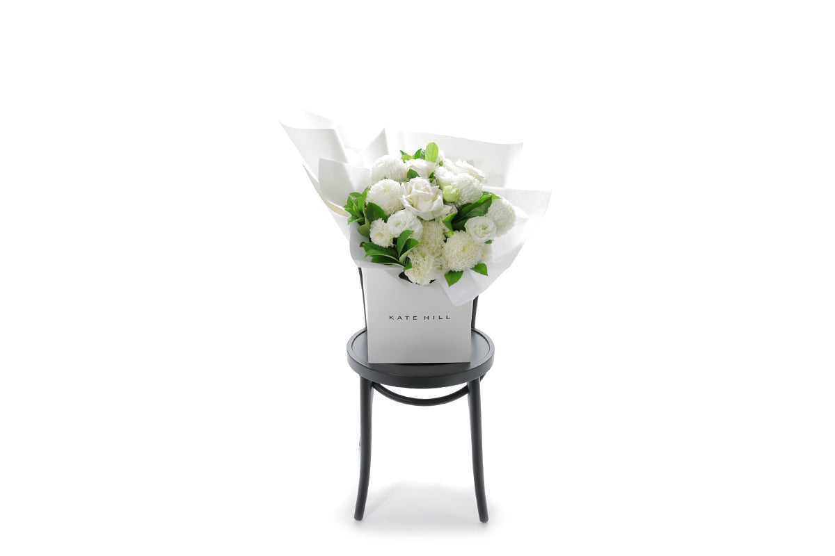 ELLA large white bouquet in Kate Hill Flowers signature wrapping