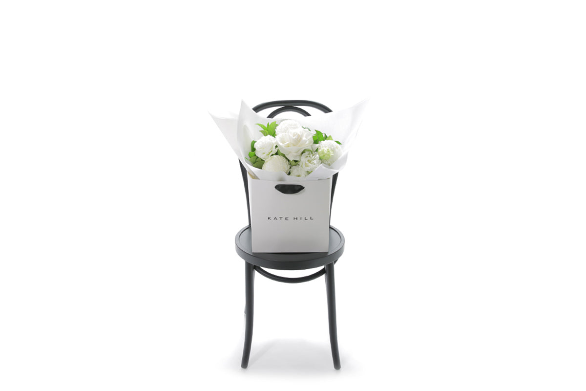 ELLA small white bouquet in Kate Hill Flowers signature wrapping