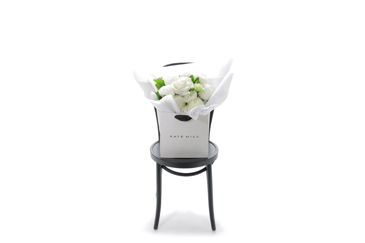 ELLA white bouquet in Kate Hill Flowers signature wrapping