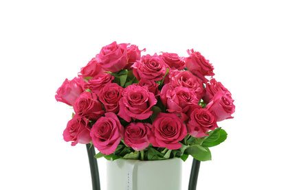 Close-up of FLOYD ceramic design with hot pink roses
