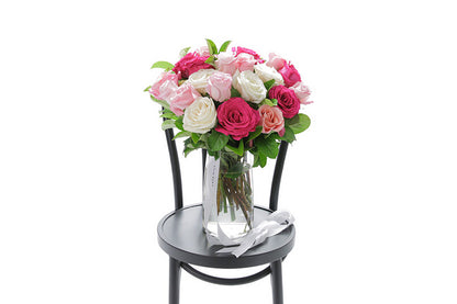 HALEY large mixed roses in a tapered glass vase by Kate Hill Flowers Melbourne