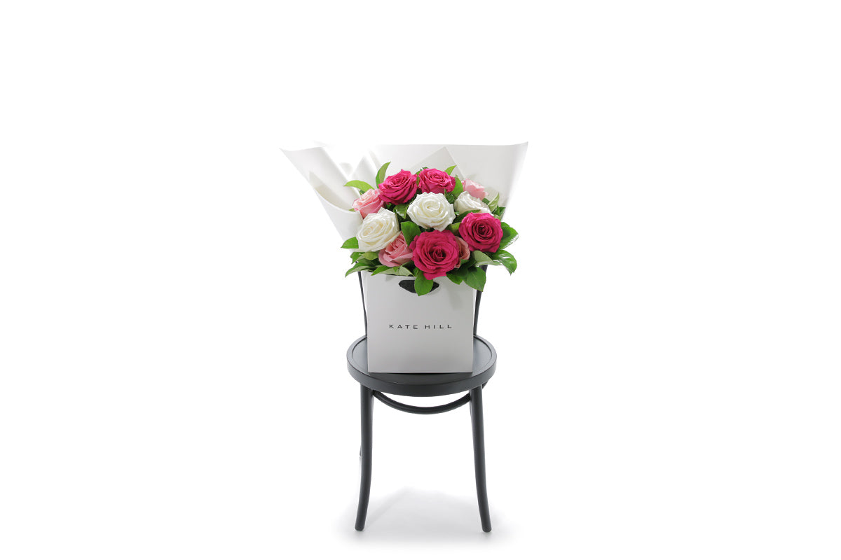 HALEY mixed rose bouquet in Kate Hill Flowers signature wrapping