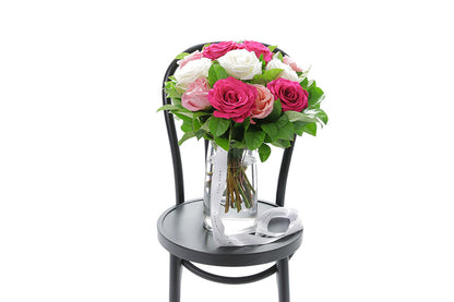 HALEY mixed roses in a tapered glass vase by Kate Hill Flowers Melbourne