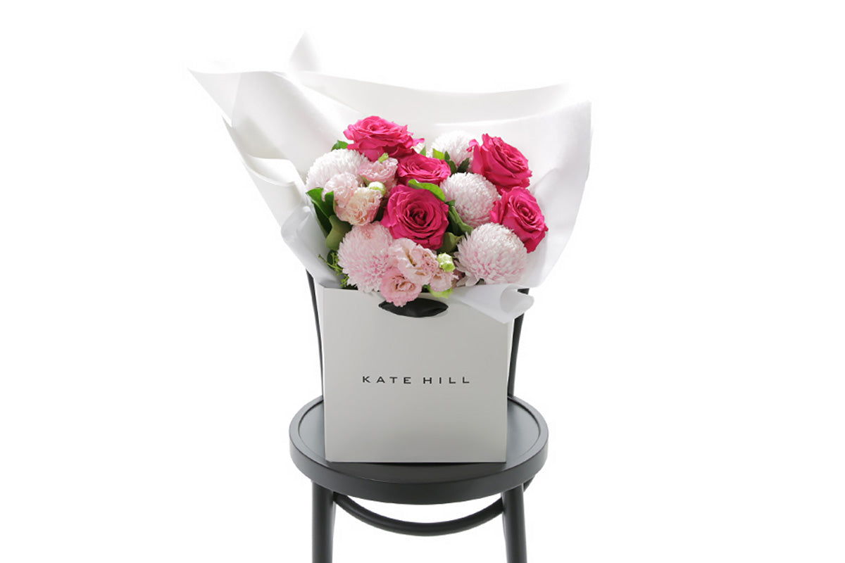 HARPER Bouquet of pink and white flowers in a Kate Hill branded box on a white background