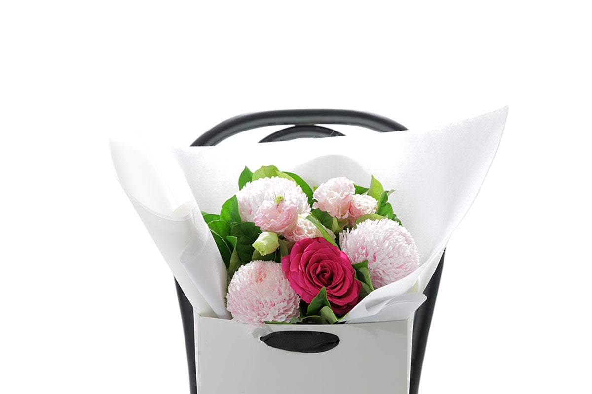 Close-up of HARPER small bouquet with soft pink and blush seasonal blooms