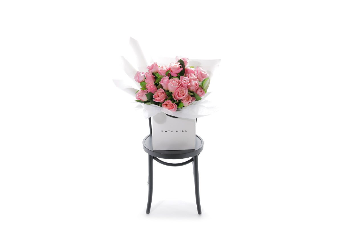 HERMOSA large watermelon rose bouquet in Kate Hill Flowers signature wrapping