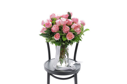 HERMOSA large watermelon roses in a tapered glass vase by Kate Hill Flowers Melbourne