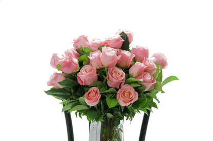 Close-up of HERMOSA large tapered vase with watermelon roses