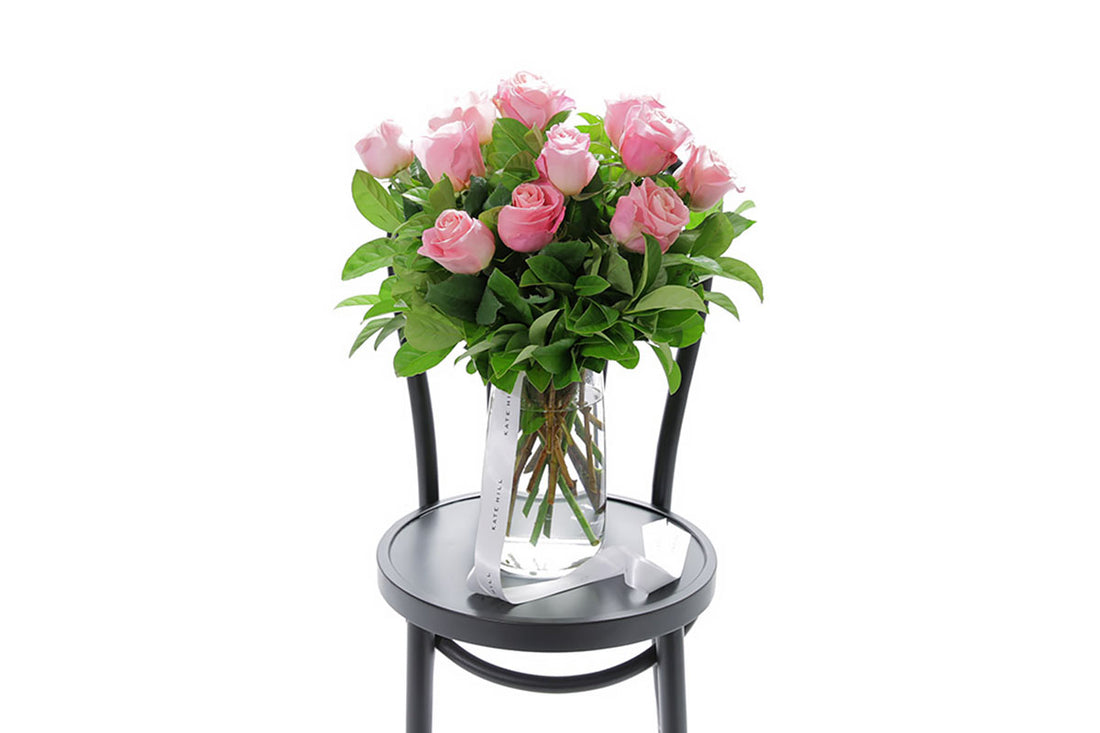 HERMOSA watermelon roses in a tapered glass vase by Kate Hill Flowers Melbourne