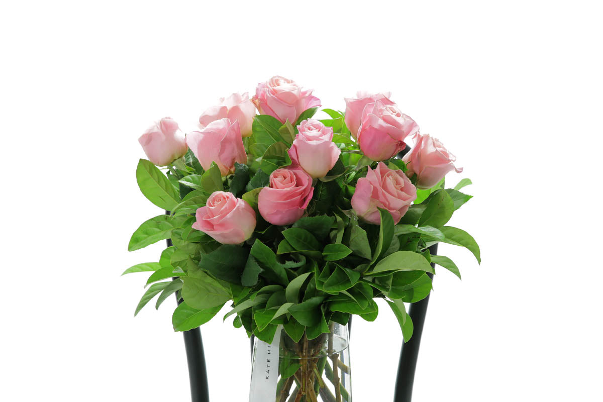 Close-up of HERMOSA tapered vase with watermelon roses