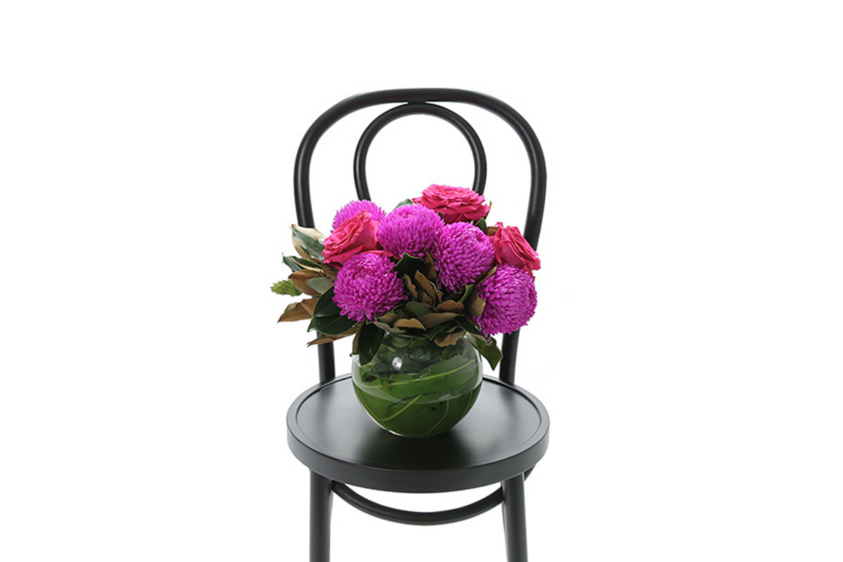 MAYA bright ball vase arrangement of hot pink blooms by Kate Hill Flowers Melbourne