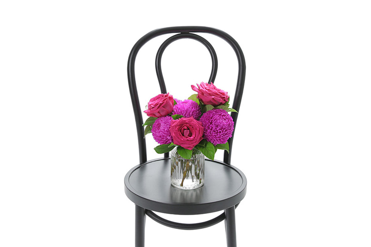 ROYCE bright ribbed glass vase of hot pink and magenta flowers by Kate Hill Flowers Melbourne