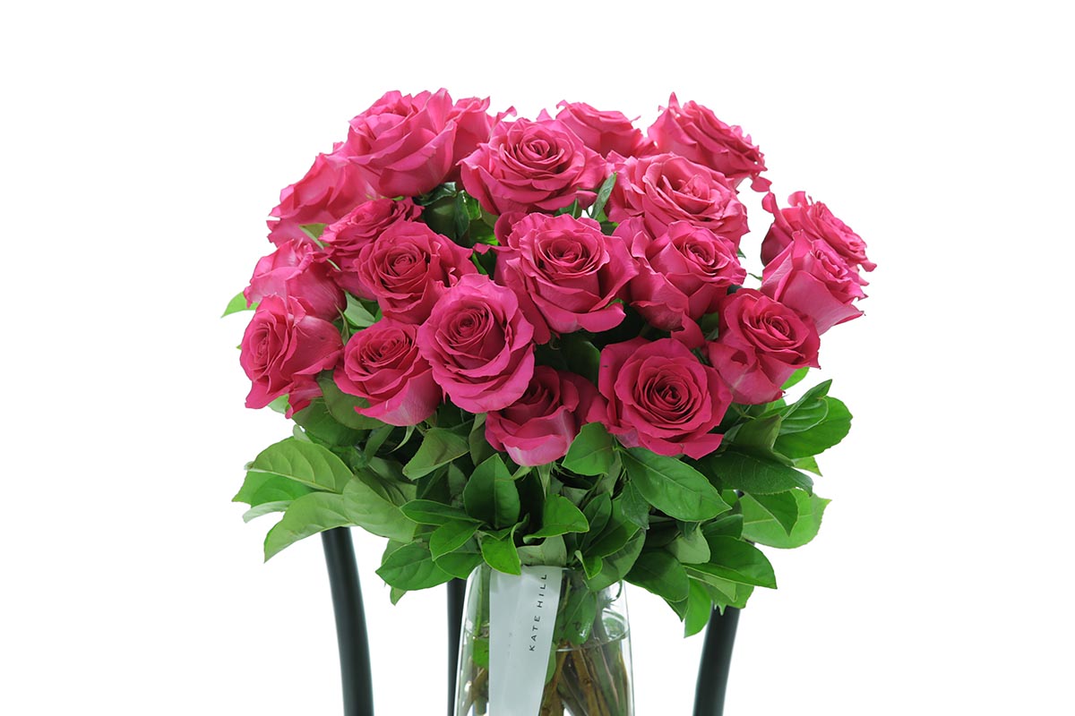 Close-up of SASKIA large tapered vase with hot pink roses