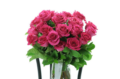 Close-up of SASKIA large tapered vase with hot pink roses