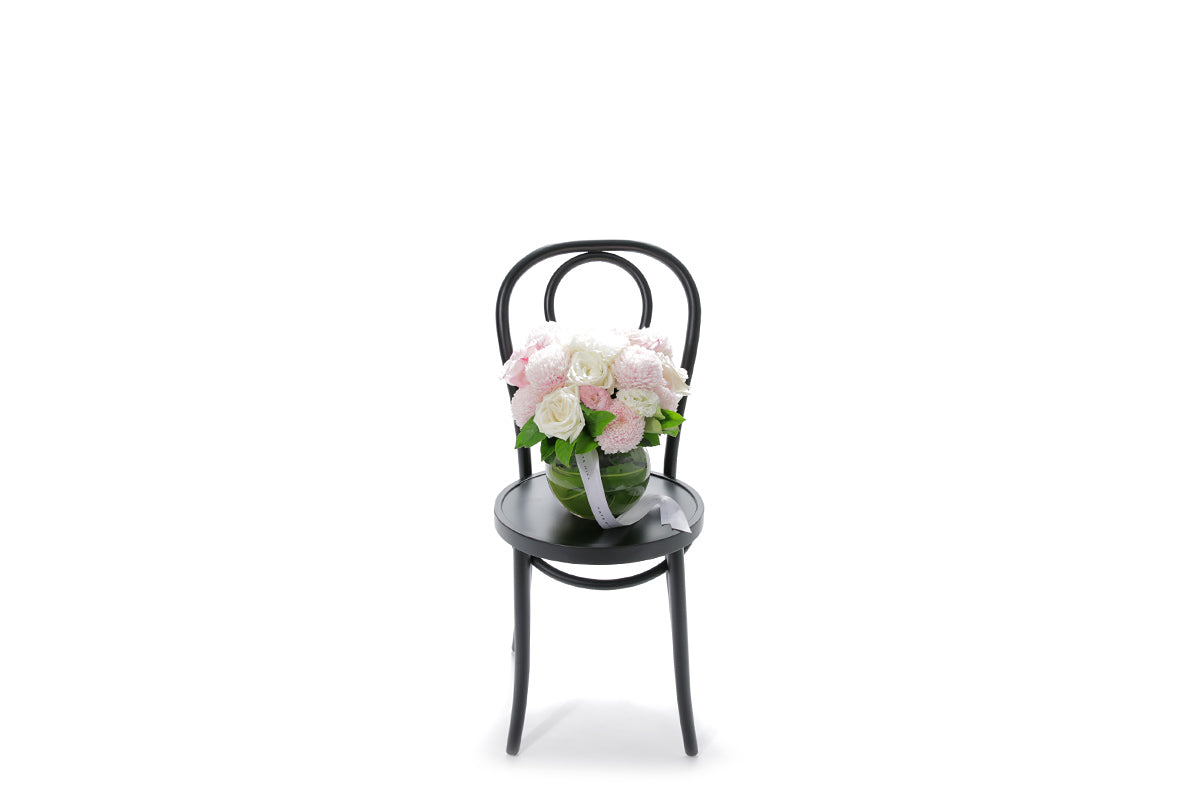 SERENITY large pastel flowers in a 20cm glass ball vase