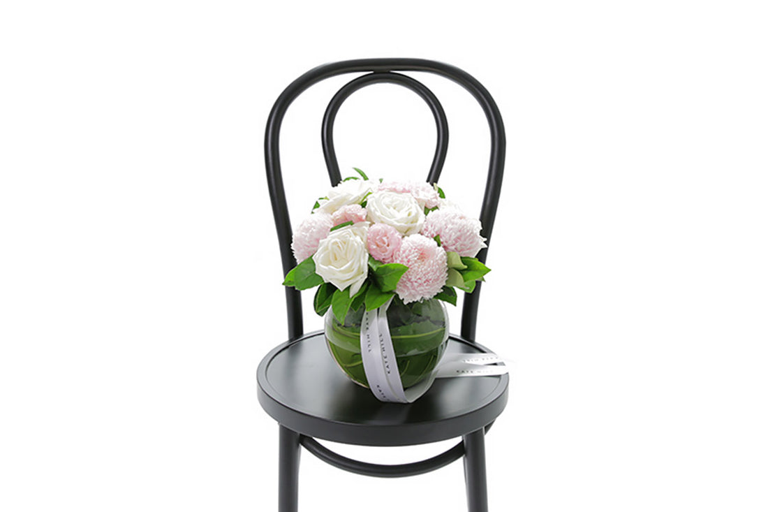 SERENITY pastel ball vase arrangement of blush and white blooms by Kate Hill Flowers Melbourne