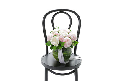 SERENITY pastel ball vase arrangement of blush and white blooms by Kate Hill Flowers Melbourne