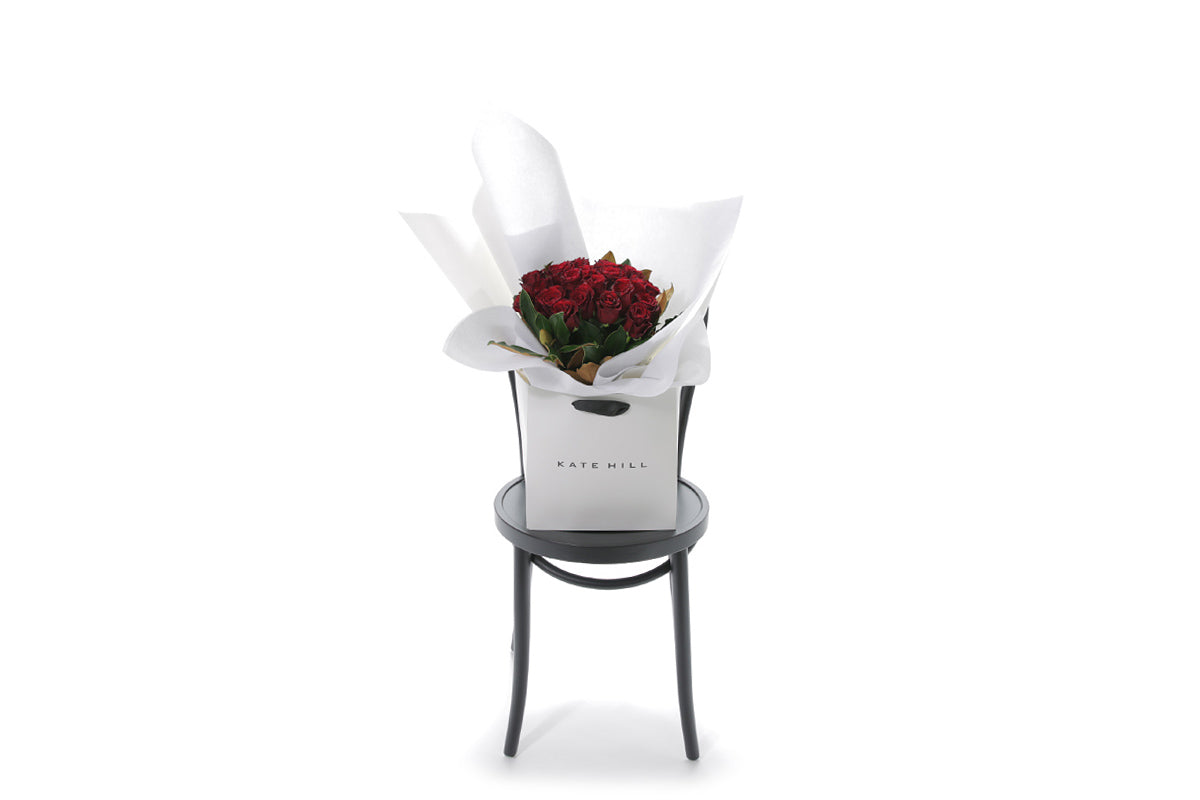 VALENTINE large red rose bouquet in Kate Hill Flowers signature wrapping