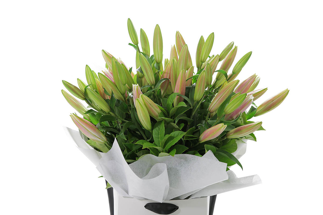Close-up of VARDA large bouquet with pink oriental lilies