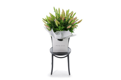 VARDA large pink lily bouquet in Kate Hill Flowers signature wrapping
