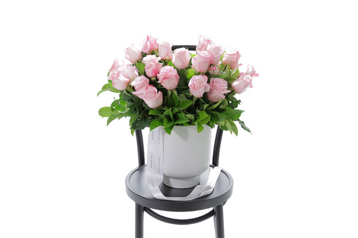 ZARA pale pink roses in a white footed ceramic design by Kate Hill Flowers Melbourne