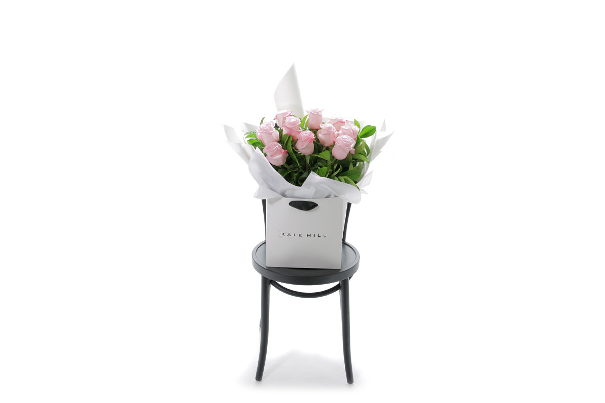 ZARA pale pink rose bouquet in Kate Hill Flowers signature wrapping