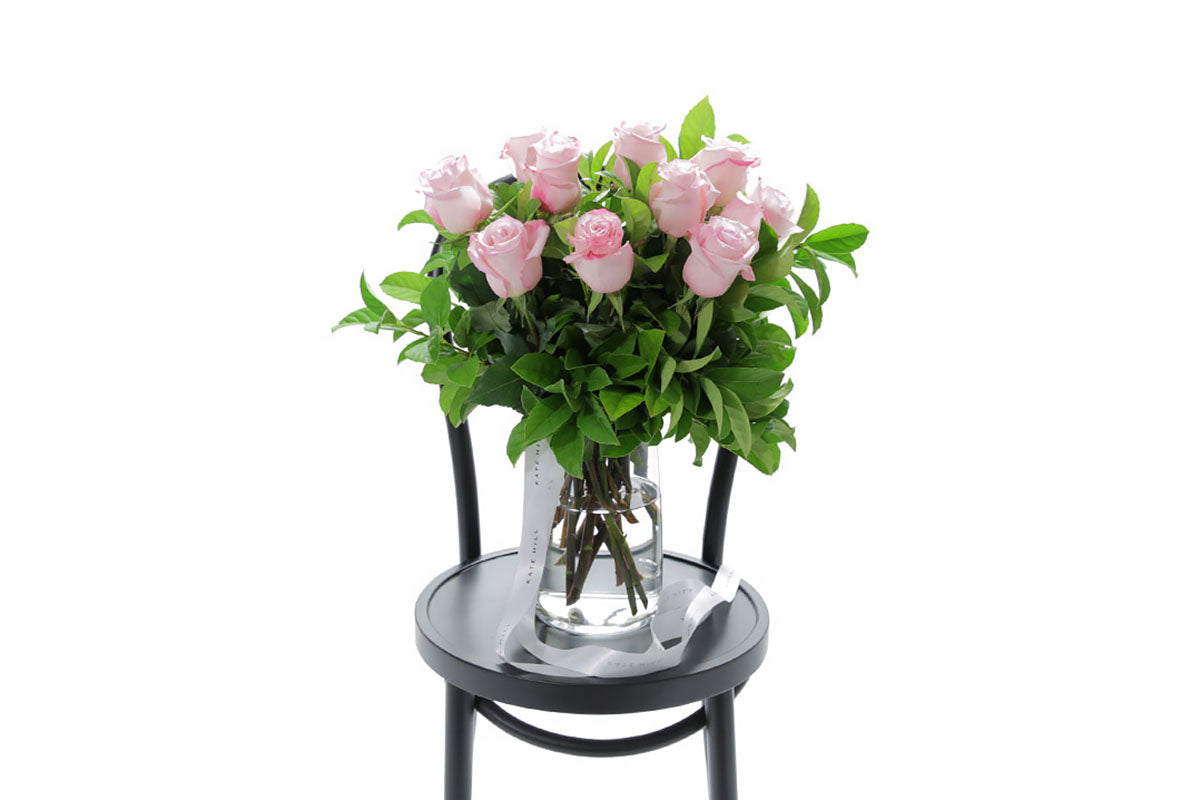 ZARA pale pink roses in a tapered glass vase by Kate Hill Flowers Melbourne