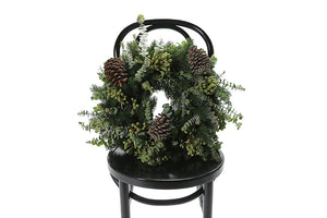 Fragrant and festive wreath sitting on a black bentwood chair. Presenting our ASPEN Medium 45cm Wreath – an embodiment of the season's finest elements. Crafted with fresh seasonal festive foliages including Eucalyptus, Spruce, Oak or Beech Foliage, adorned with festive Berries and 3 Natural Pine Cones. This simple, yet artful wreath envelops your space with the unmistakable fragrance of the holiday season.