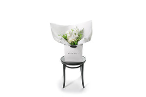 Wide image of ELLA flower posy. ELLA white and green posy wrapped in signature Kate Hill flowers wrapping and placed into a flower bag. Bouquet bag is sitting on a black bentwood chair. Seasonal white and green posy.