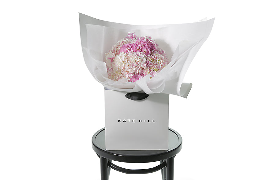 Small chic bouquet displaying a dome of pink hydrangeas (no additional foliage). Bouquet presented in Kate Hill Flower Bag. Bouquet bag sitting on black bentwood chair with white background.